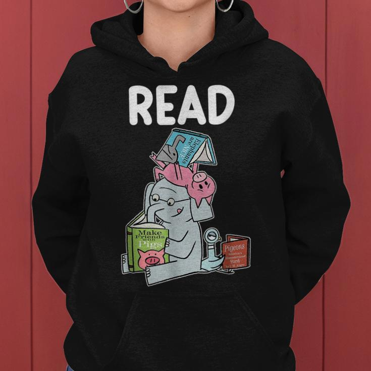 Funny Teacher Library Read Book Club Piggie Elephant Pigeons Women Hoodie Graphic Print Hooded Sweatshirt