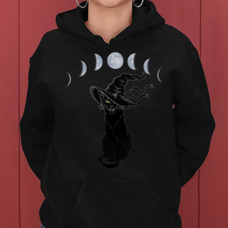 Halloween Black Cat With Witch Hat And Phases Of The Moon Women Hoodie