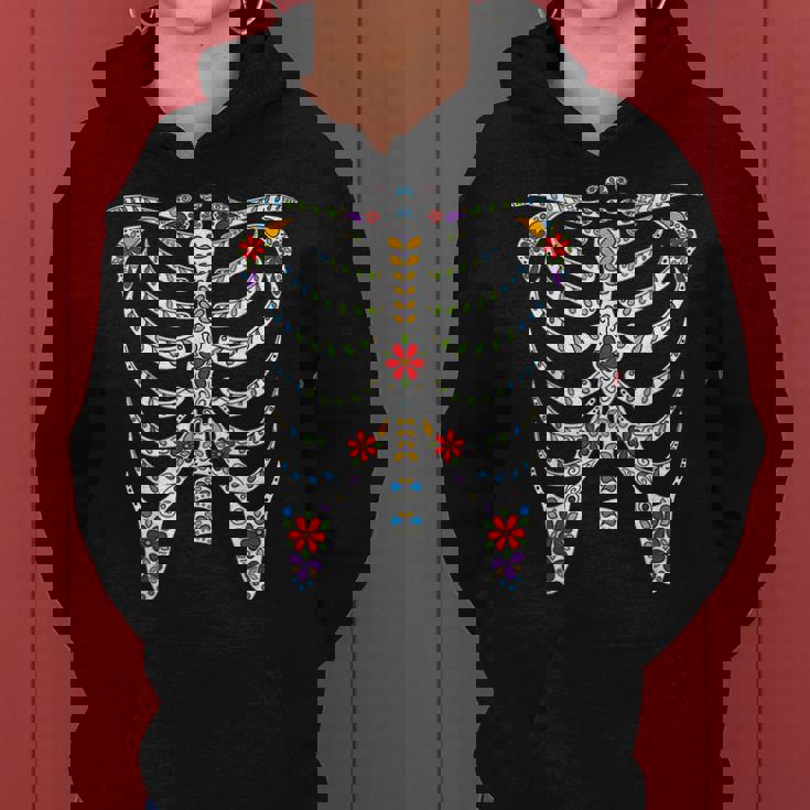 Halloween Day Of Dead Skeleton Flowers Decorated Women Hoodie Graphic Print Hooded Sweatshirt
