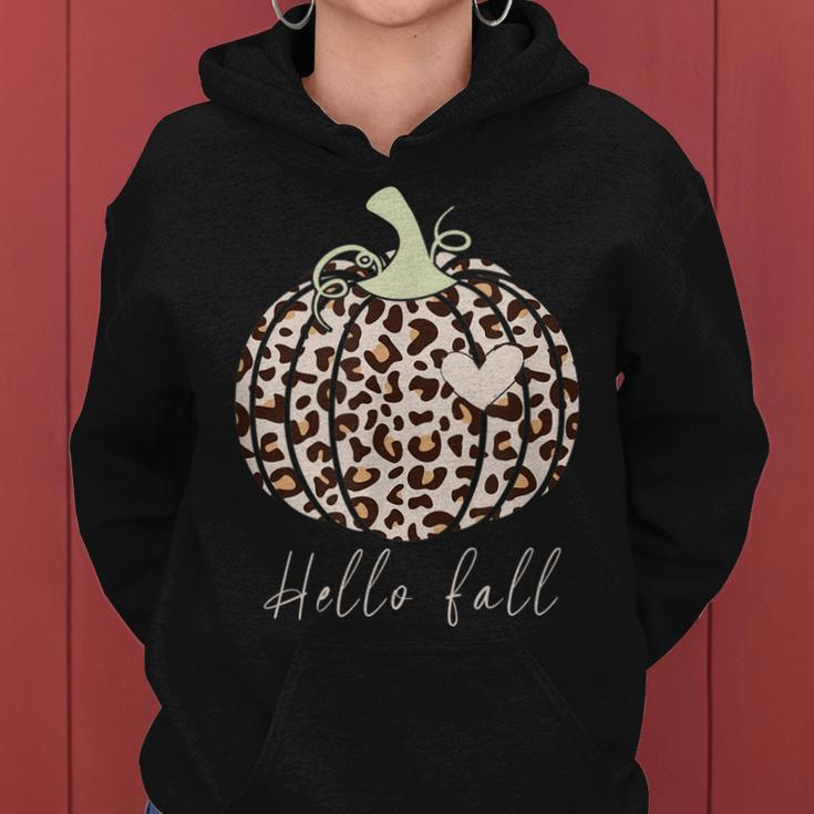 Hello Fall Animal Print Leopard Heart Pumpkin Fall Halloween Women Hoodie
