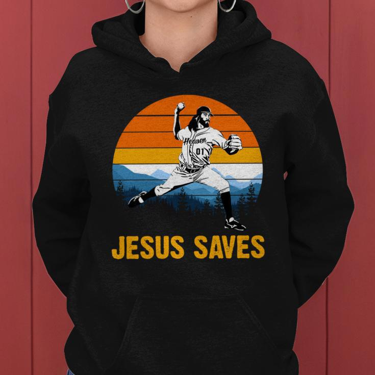 Jesus Saves Retro Baseball Pitcher Women Hoodie