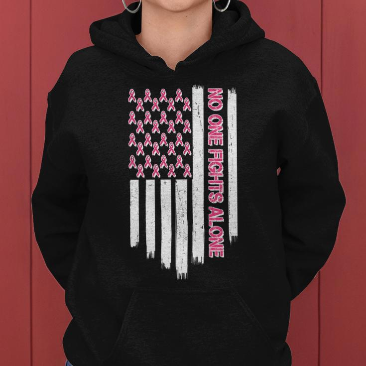 No One Fights Alone Breast Cancer Awareness American Pink Ribbons Flag Women Hoodie