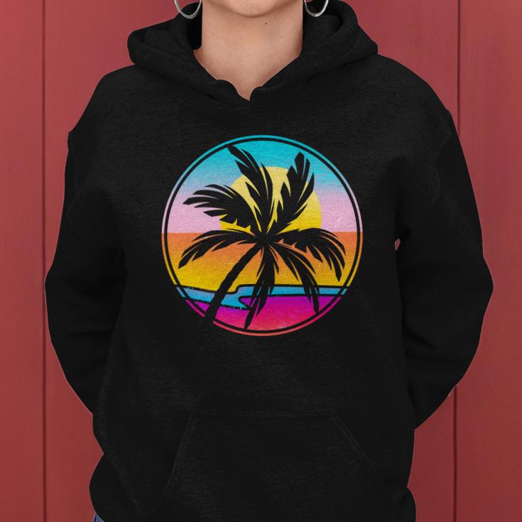 Retro Ocean Sun Palm Tree Emblem Women Hoodie