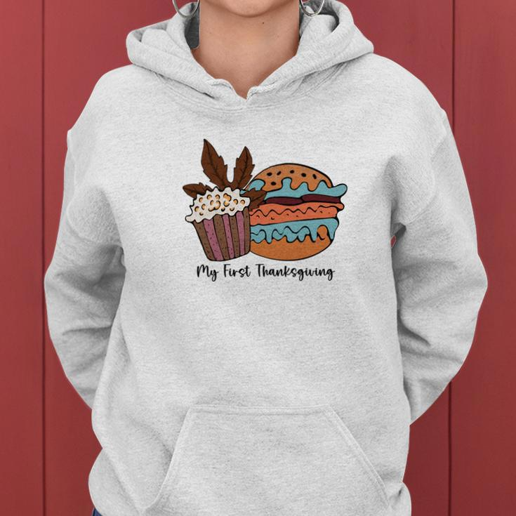 Fall My First Thanksgiving Cupcake Hamburger Women Hoodie Graphic Print Hooded Sweatshirt