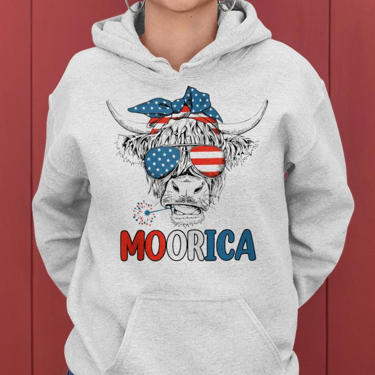 Funny Moorica 4Th Of July American Flag Highland Cow Women Hoodie