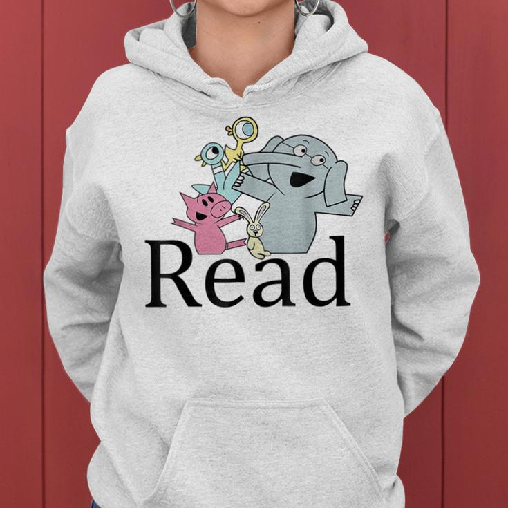 Funny Read Book Club Piggie Elephant Pigeons Teacher Women Hoodie Graphic Print Hooded Sweatshirt