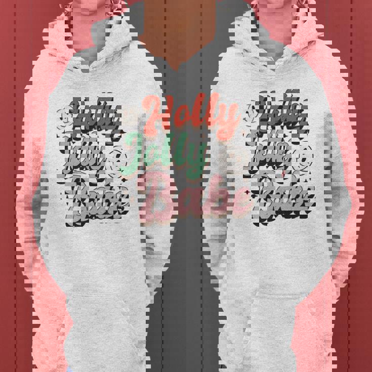 Retro Christmas Holly Jolly Babe Smiley Face Vintage Christmas Women Hoodie Graphic Print Hooded Sweatshirt