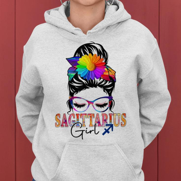 Sagittarius Girl Birthday Messy Bun Hair Colorful Floral Women Hoodie