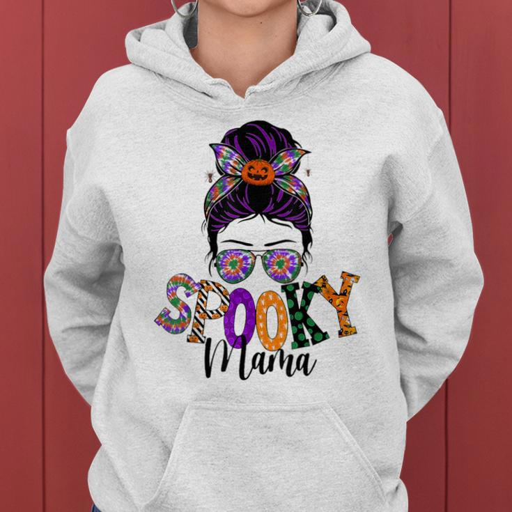 Spooky Mama Messy Bun Skull Mom Monster Bleached Halloween Women Hoodie