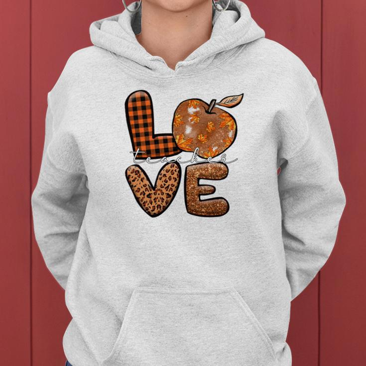 Teacher Love Fall Season Pumpkin Pattern Women Hoodie Graphic Print Hooded Sweatshirt