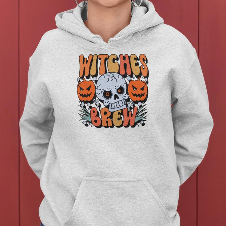 Witches Crew Pumpkin Skull Groovy Fall Women Hoodie Graphic Print Hooded Sweatshirt