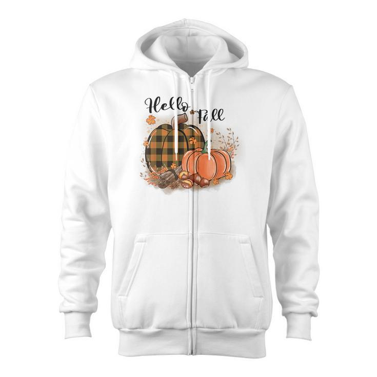 Hello Fall Plaid Pumpkin Spice Maple Leave Autumn Collection  Zip Up Hoodie