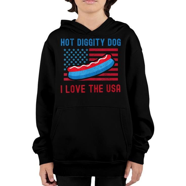 4Th Of July Hot Diggity Dog I Love The Usa Funny Hot Dog  Youth Hoodie