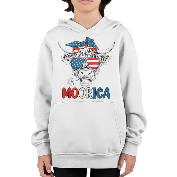 Funny Moorica 4Th Of July American Flag Highland Cow  Youth Hoodie