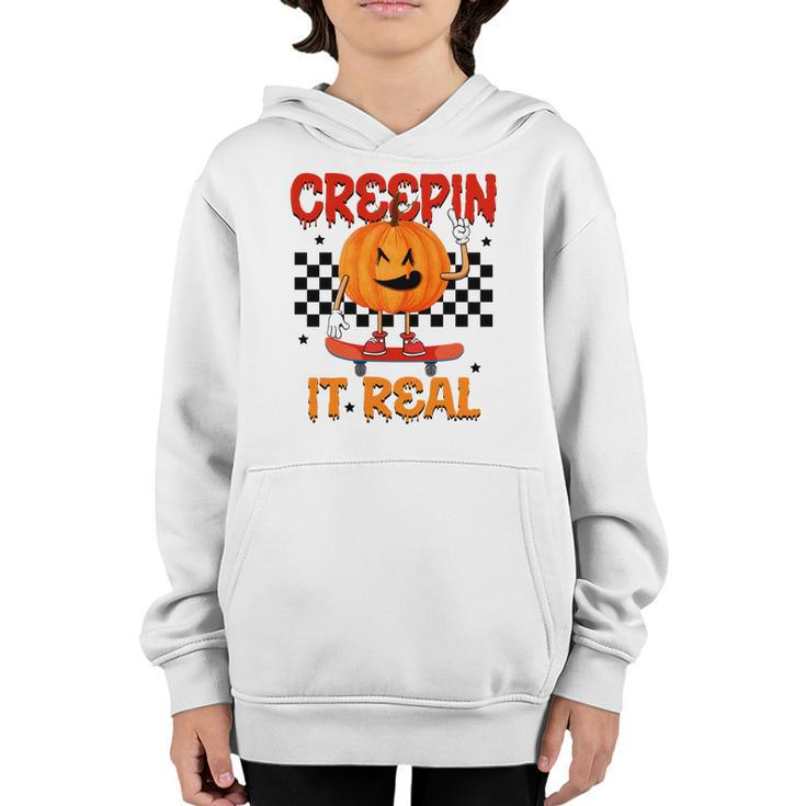 Funny Pumpkin Skateboarding Creepin It Real Halloween Youth Hoodie