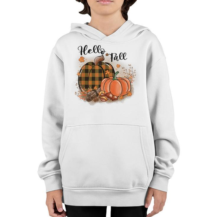Hello Fall Plaid Pumpkin Spice Maple Leave Autumn Collection  Youth Hoodie