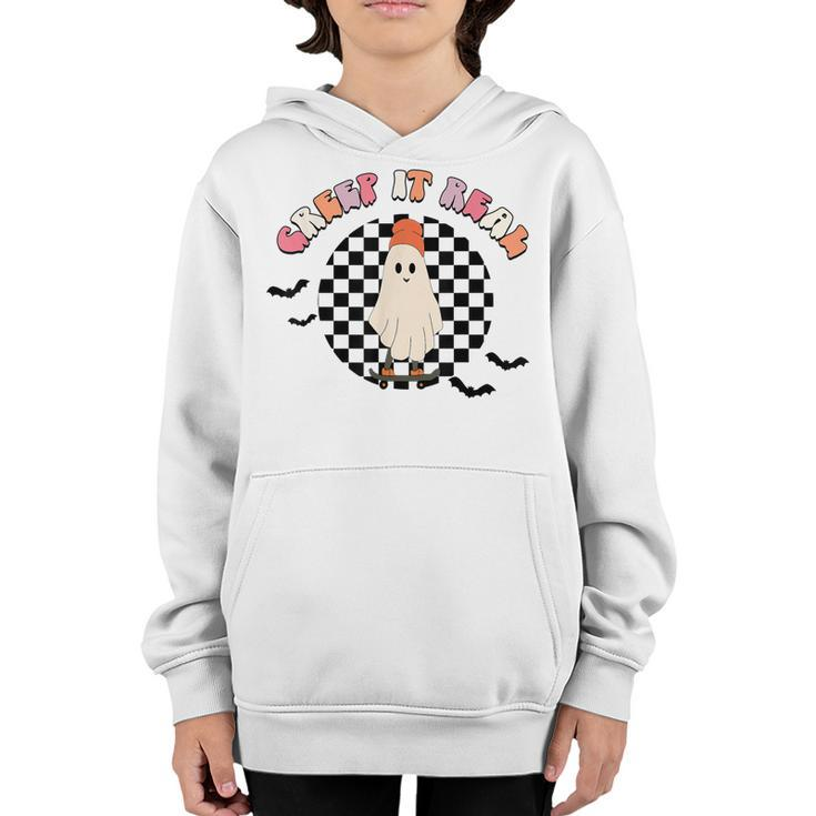 Retro Checkered Creep It Real Ghost Skater Funny Halloween  Youth Hoodie