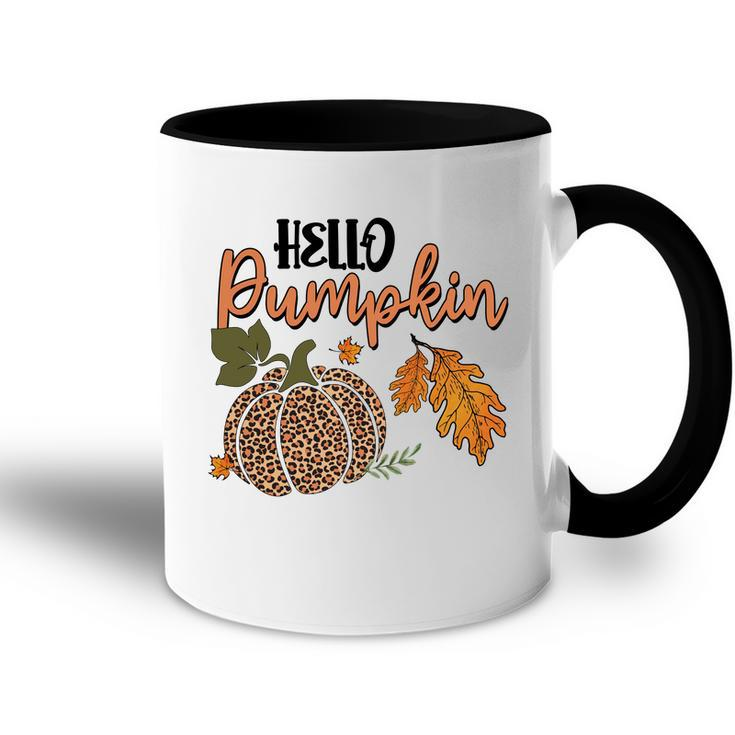 Hello Pumpkin Leopard Plaid Autumn Leaves Fall Accent Mug