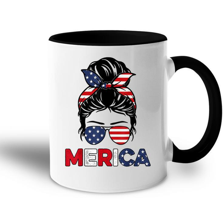 Merica Mom Girl American Flag Messy Bun Hair 4Th Of July Usa  V2 Accent Mug