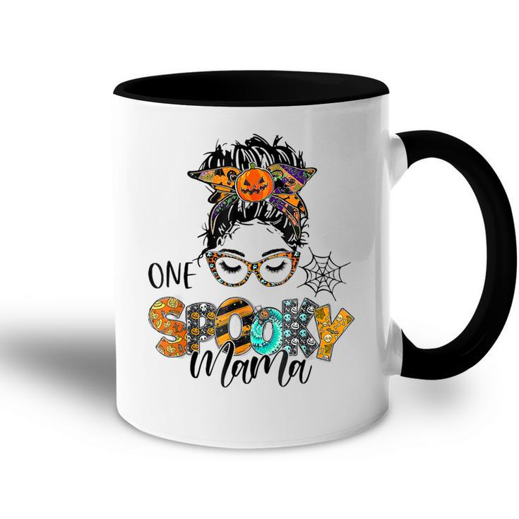 One Spooky Mama For Halloween Messy Bun Mom Monster Bleached  Accent Mug