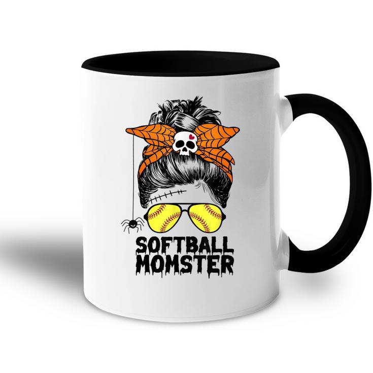 Softball Mom Life Messy Bun Halloween Women Softball Momster Accent Mug