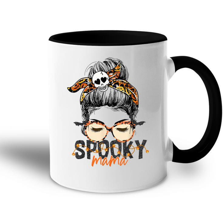 Spooky Mama Halloween Costume Skull Mom Leopard Messy Bun  Accent Mug