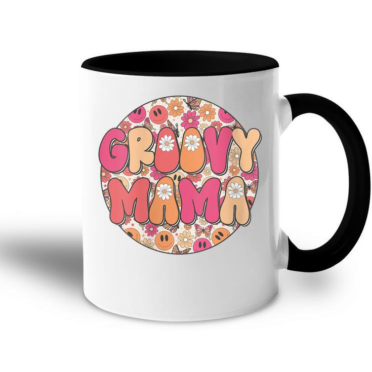 Womens Groovy Mama Hippie Retro Daisy Flower Smile Face  Accent Mug