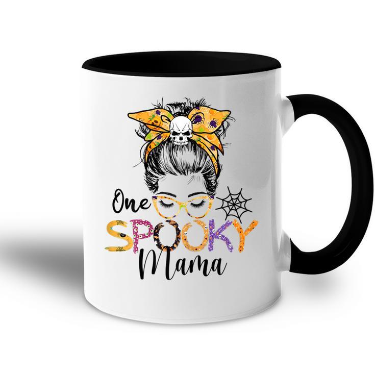 Womens One Spooky Mama Messy Bun Funny Mom Halloween Spider Costume  Accent Mug