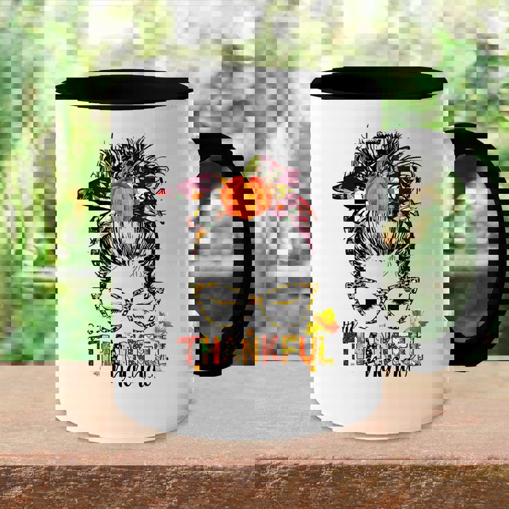 Funny One Thankful Mama Messy Bun Fall Autumn Thanksgiving Accent Mug