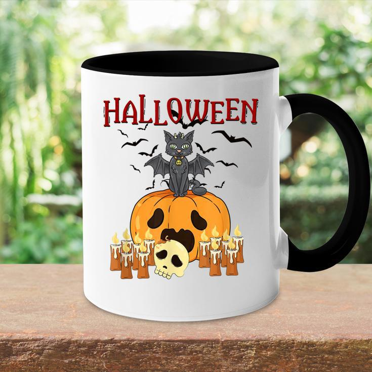 Scary Pumpkin And Vampire Bat Cat Halloween Trick Or Treat Accent Mug