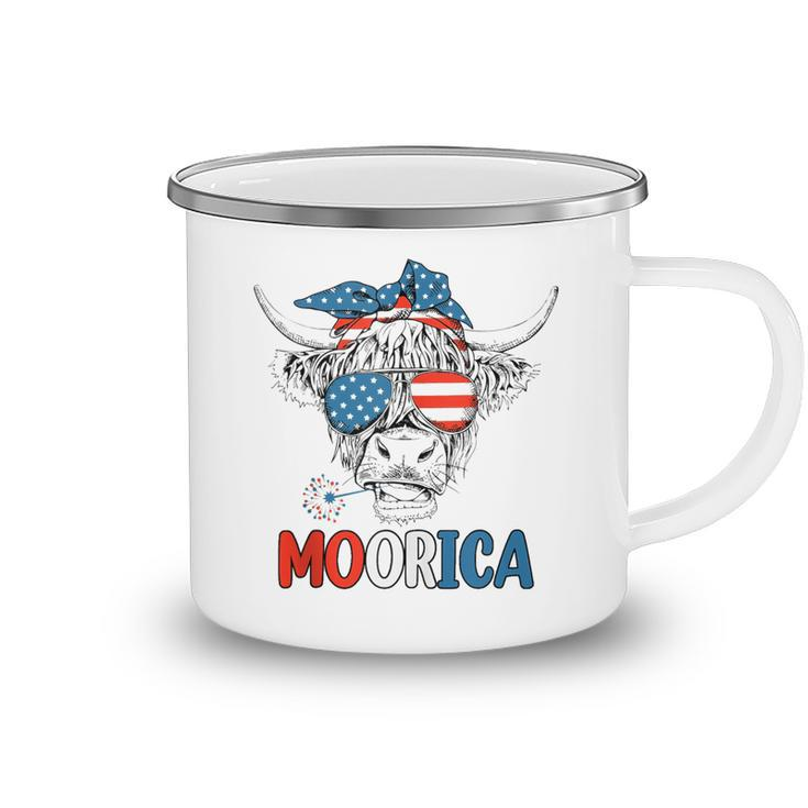Funny Moorica 4Th Of July American Flag Highland Cow  Camping Mug