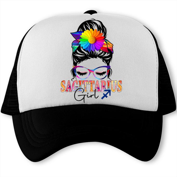 Sagittarius Girl Birthday Messy Bun Hair Colorful Floral  Trucker Cap
