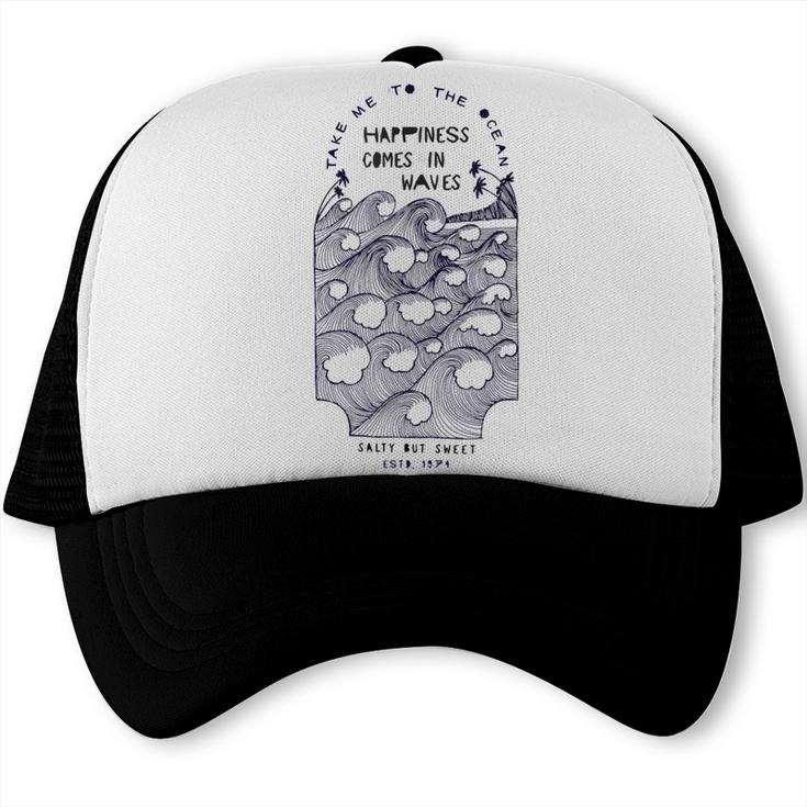Happiness Comes In Waves Retro Surf  Trucker Cap