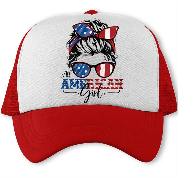 All American Girl 4Th Of July  Women Messy Bun Usa Flag  V2 Trucker Cap