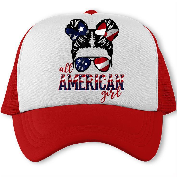 All American Girl Messy Hair Bun Woman Patriotic 4Th Of July V2 Trucker Cap