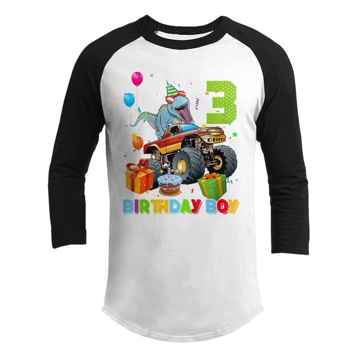 Kids 3 Year Old Monster Truck Dinosaur 3Rd Birthday Boys Toddler  Youth Raglan Shirt