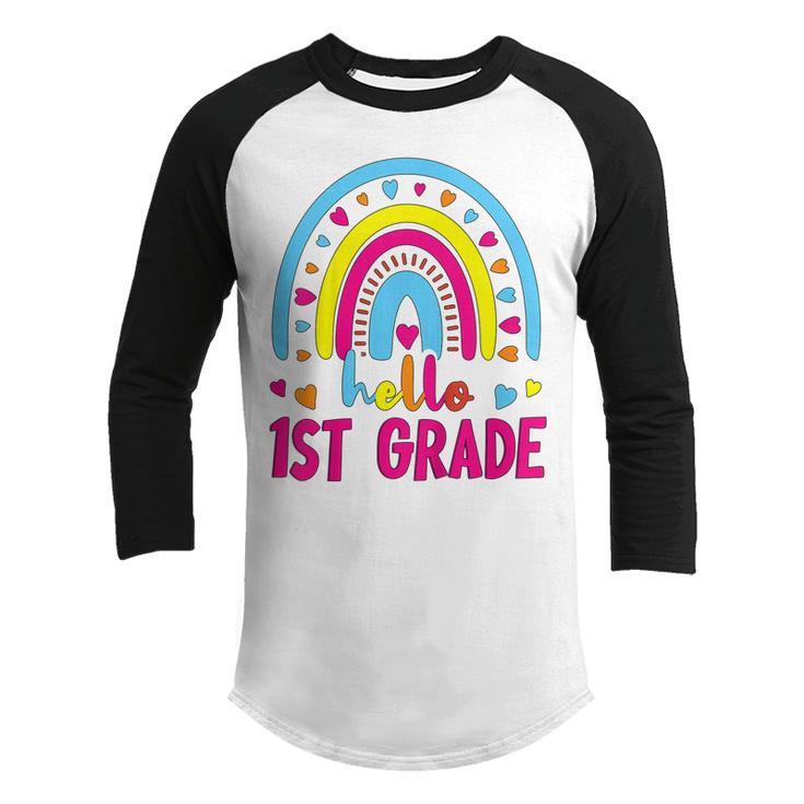 Kids First Day Of School Girls Back To School Hello First Grade  Youth Raglan Shirt