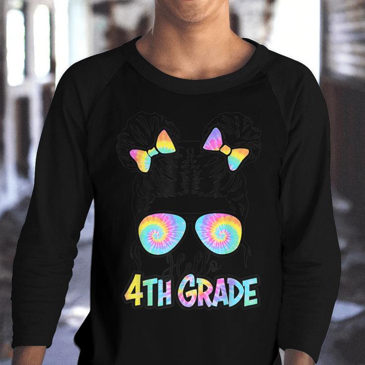 Hello 4Th Grade Messy Bun Girls Tie Dye Cute Back To School  Youth Raglan Shirt
