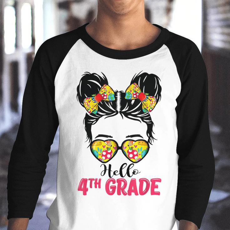 Hello Fourth Grade Messy Bun Girls 4Th Grade Back To School Youth Raglan Shirt