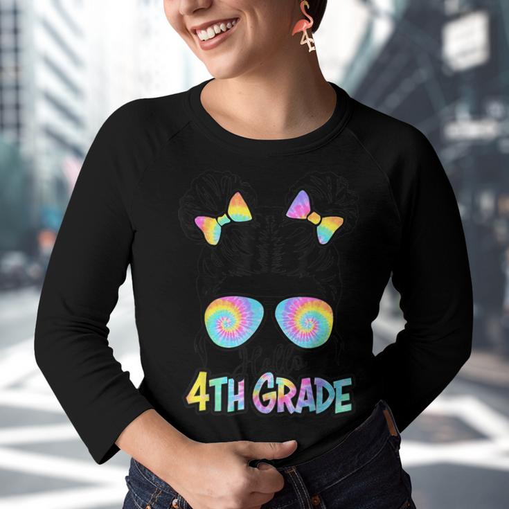 Hello 4Th Grade Messy Bun Girls Tie Dye Cute Back To School  Youth Raglan Shirt