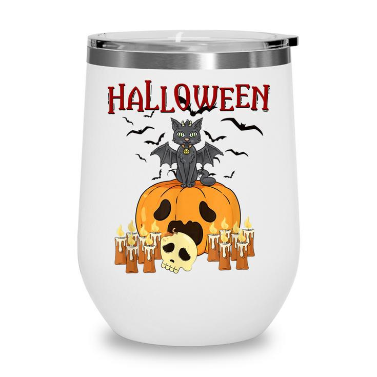 Scary Pumpkin And Vampire Bat Cat Halloween Trick Or Treat  Wine Tumbler