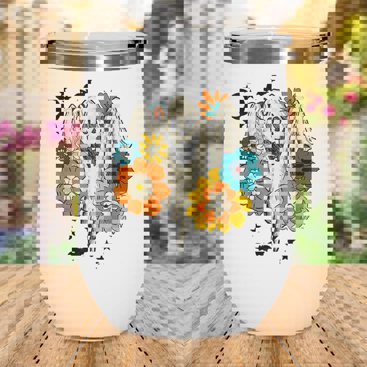 Retro Vintage Groovy Pumpkin Halloween Colors Flower Ghost V2 Wine Tumbler