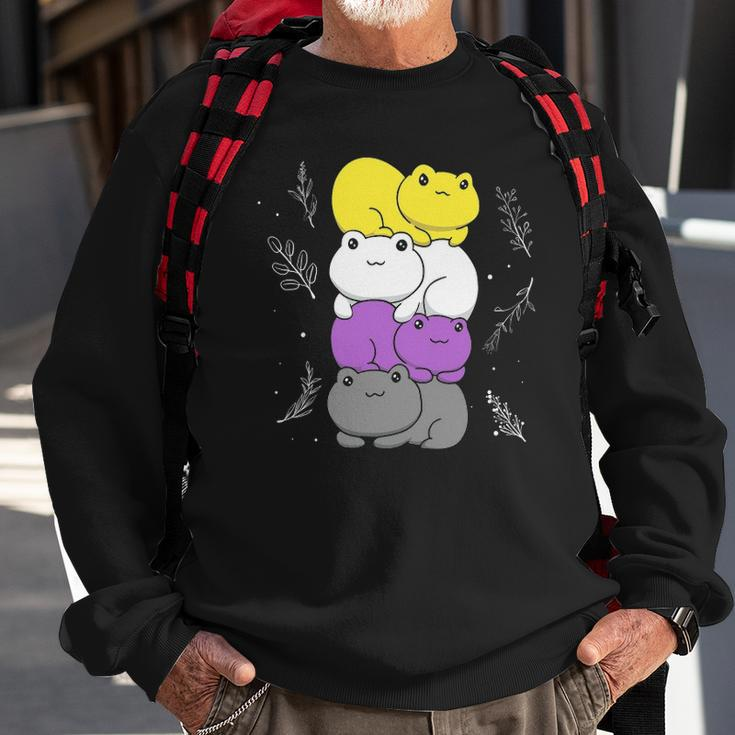 Cottagecore Aesthetic Kawaii Frog Pile Nonbinary Pride Flag Sweatshirt Gifts for Old Men