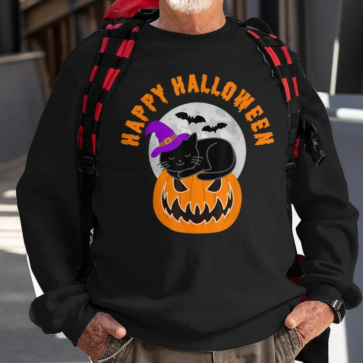 Cute Black Cat Witch Scary Pumpkin Happy Halloween Sweatshirt Gifts for Old Men