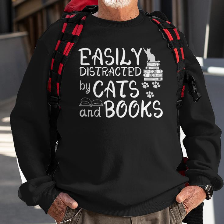 Easily Distracted By Cats And Books Funny Book Lover Sweatshirt Gifts for Old Men