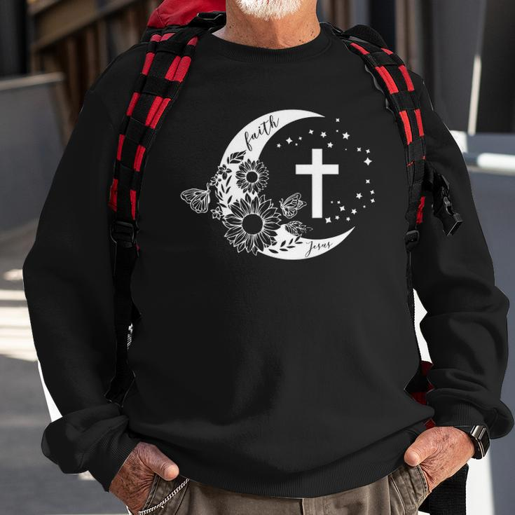 Faith Cross Crescent Moon With Sunflower Christian Religious Sweatshirt Gifts for Old Men