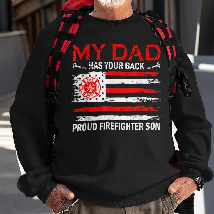 Firefighter Retro My Dad Has Your Back Proud Firefighter Son Us Flag V2 Sweatshirt Gifts for Old Men