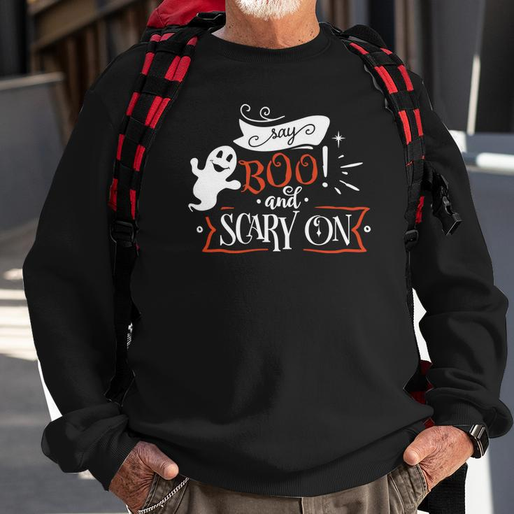 Halloween Say Boo And Scary On Orange And White Men Women Sweatshirt Graphic Print Unisex Gifts for Old Men