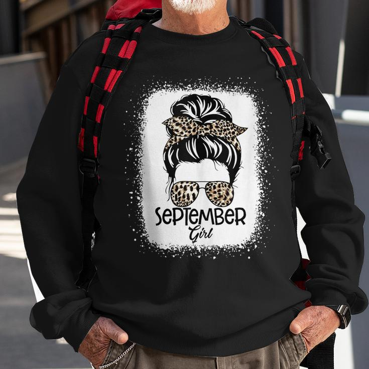 September Girl Messy Bun Bleached Glasses Leopard Birthday Sweatshirt Gifts for Old Men