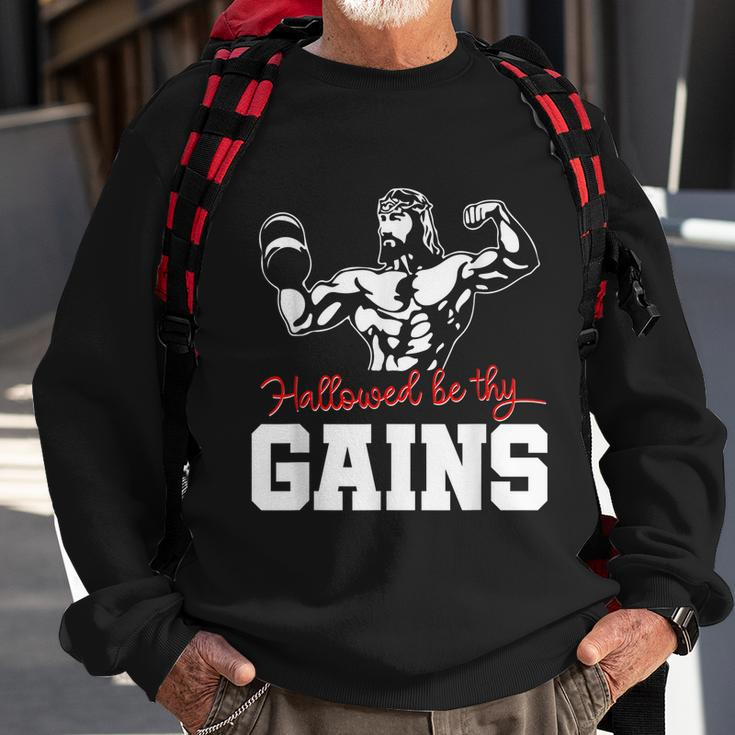 Weight Lifting Bodybuilding Hallowed Be Thy Gains Jesus Sweatshirt Gifts for Old Men